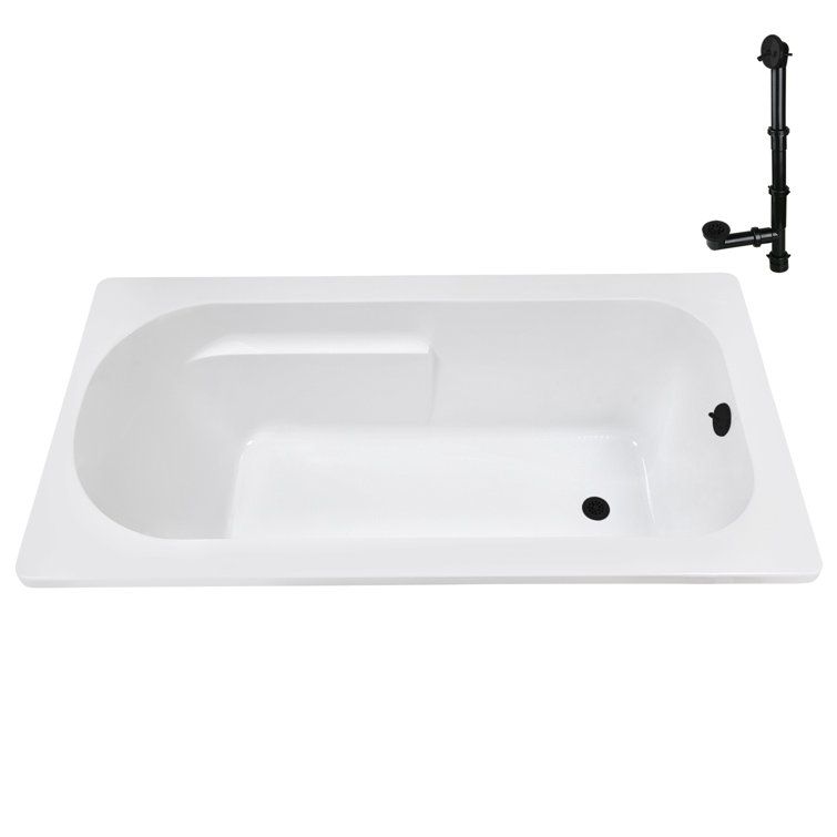 72" x 36" Glossy White Acrylic Drop-In Soaking Bathtub with Matte Black Hardware