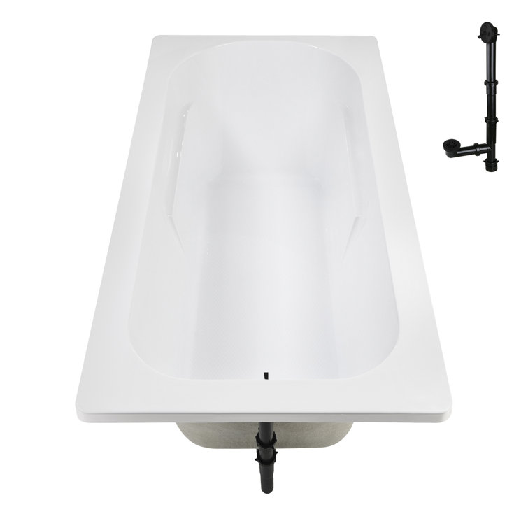 72" x 36" Glossy White Acrylic Drop-In Soaking Bathtub with Matte Black Hardware