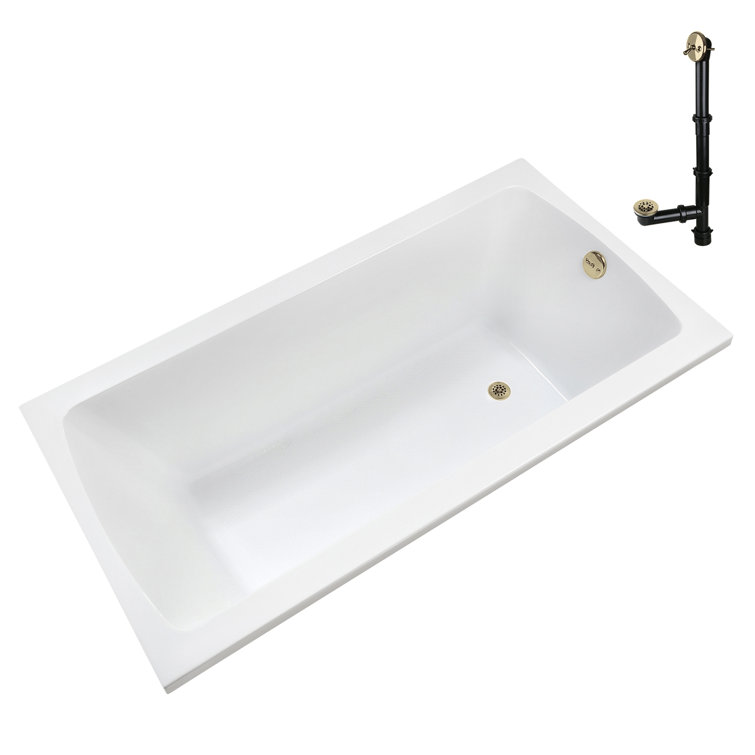 66" x 34" Glossy White Acrylic Soaking Drop-In Bathtub with Polished Brass Drain