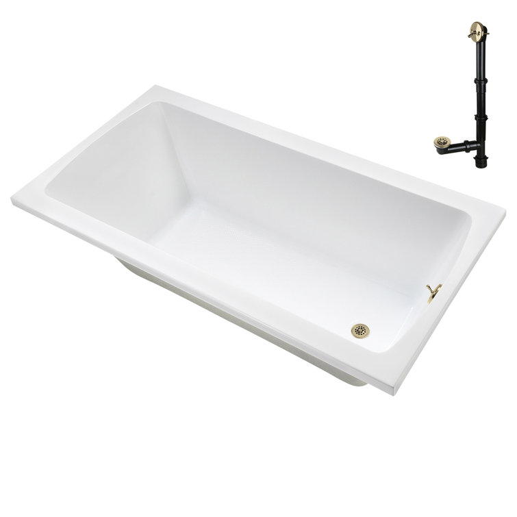 66" x 34" Glossy White Acrylic Soaking Drop-In Bathtub with Polished Brass Drain