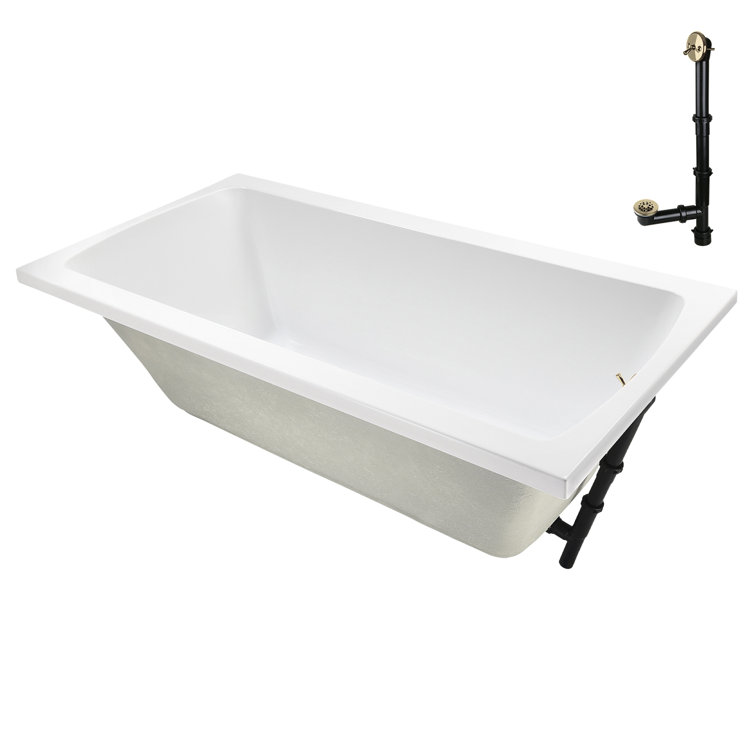 66" x 34" Glossy White Acrylic Soaking Drop-In Bathtub with Polished Brass Drain