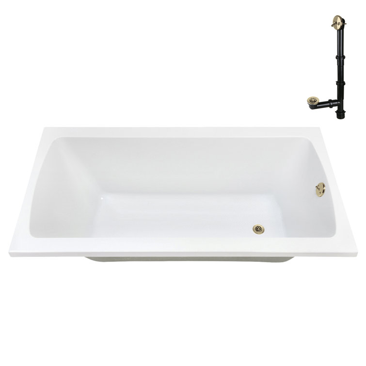 66" x 34" Glossy White Acrylic Soaking Drop-In Bathtub with Polished Brass Drain