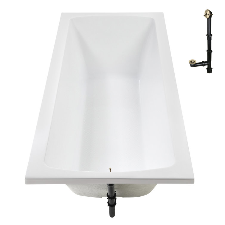 66" x 34" Glossy White Acrylic Soaking Drop-In Bathtub with Polished Brass Drain