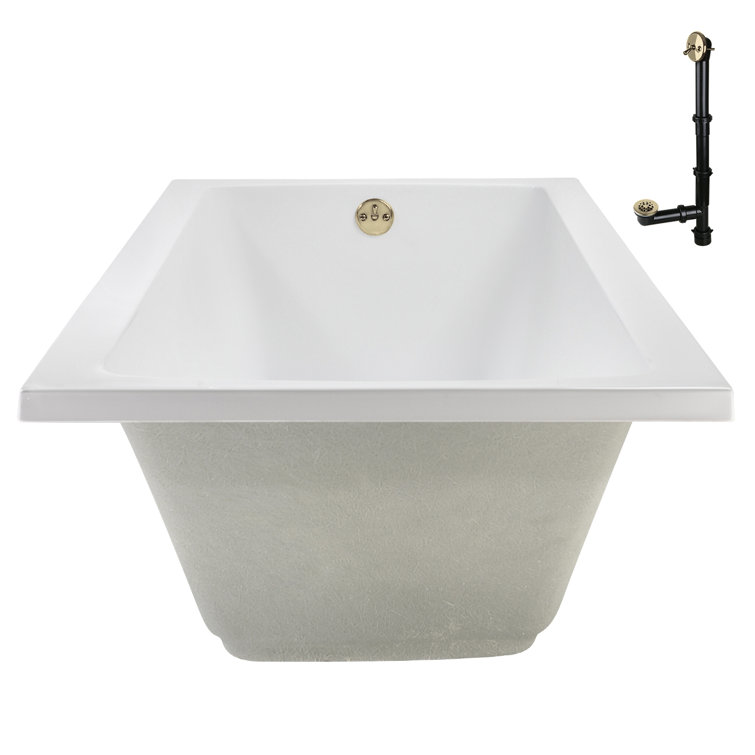 66" x 34" Glossy White Acrylic Soaking Drop-In Bathtub with Polished Brass Drain