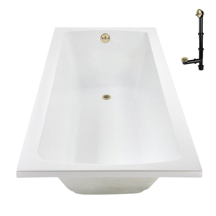 66" x 34" Glossy White Acrylic Soaking Drop-In Bathtub with Polished Brass Drain