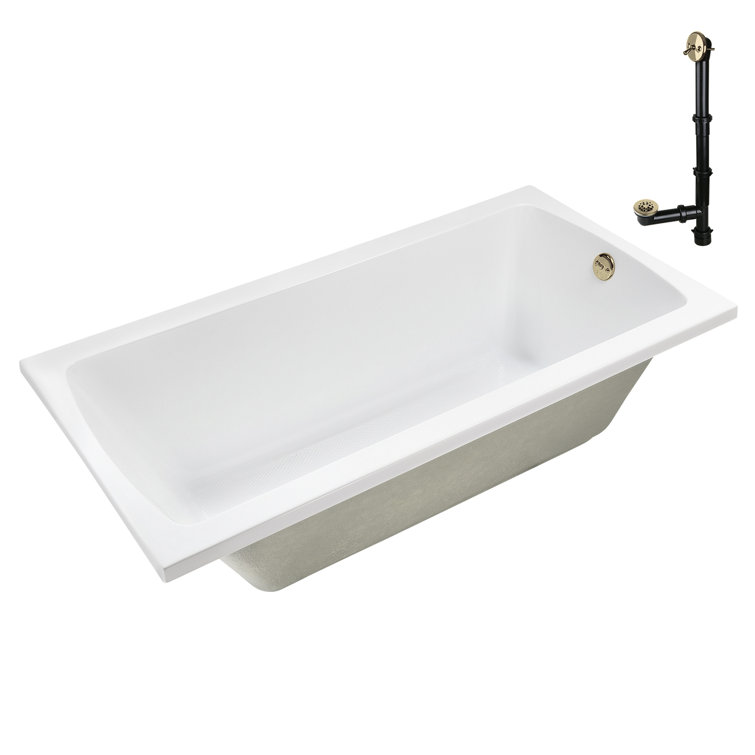 66" x 34" Glossy White Acrylic Soaking Drop-In Bathtub with Polished Brass Drain