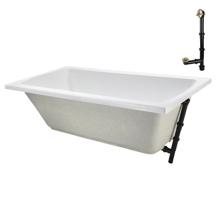 66" x 34" Glossy White Acrylic Soaking Drop-In Bathtub with Polished Brass Drain