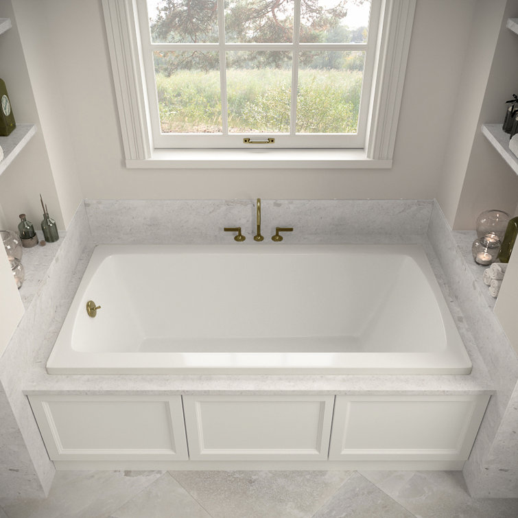 66" x 34" Glossy White Acrylic Soaking Drop-In Bathtub with Polished Brass Drain