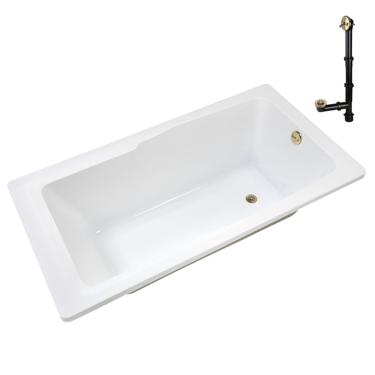 66'' Glossy White Acrylic Soaking Drop-In Bathtub with Polished Brass Drain