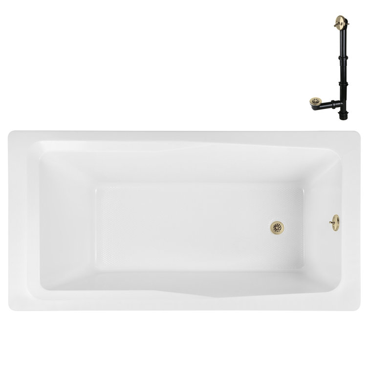 66'' Glossy White Acrylic Soaking Drop-In Bathtub with Polished Brass Drain