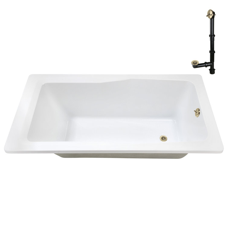 66'' Glossy White Acrylic Soaking Drop-In Bathtub with Polished Brass Drain