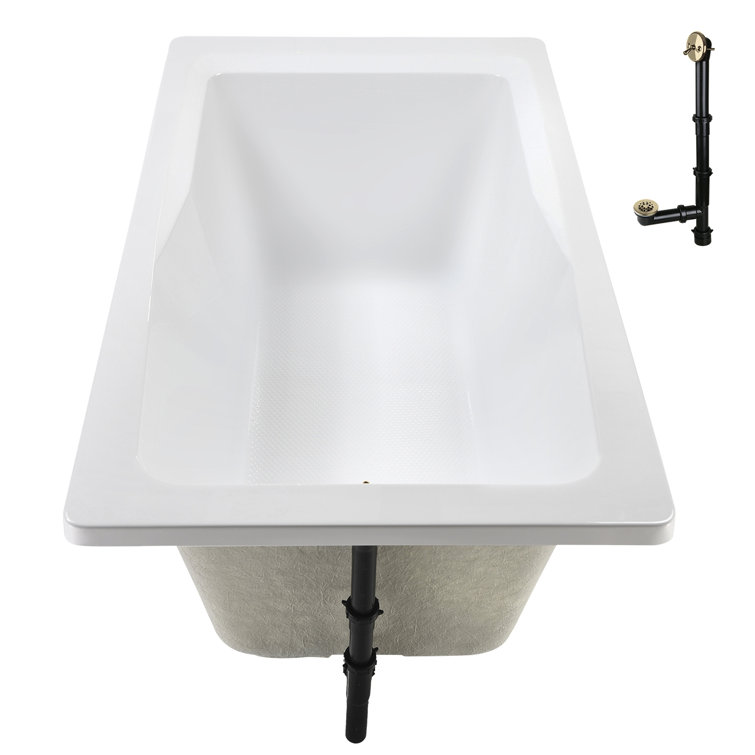 66'' Glossy White Acrylic Soaking Drop-In Bathtub with Polished Brass Drain