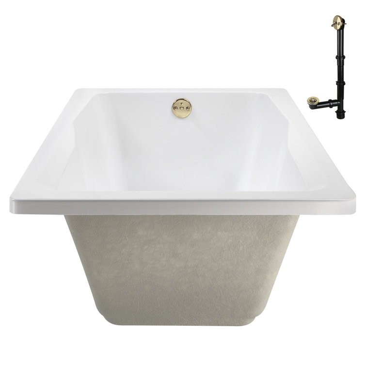 66'' Glossy White Acrylic Soaking Drop-In Bathtub with Polished Brass Drain