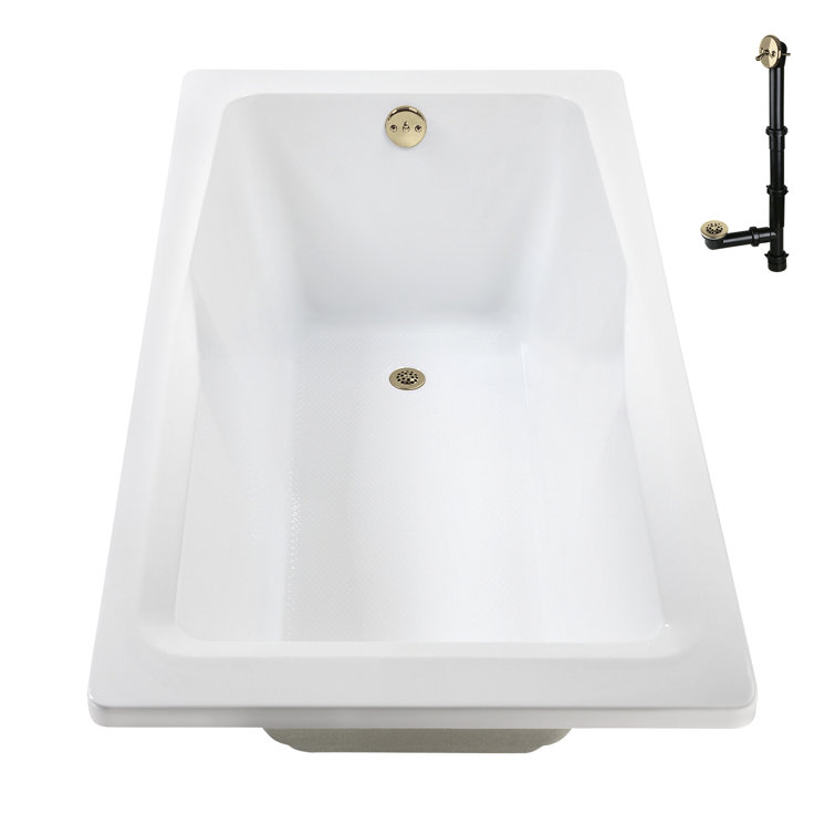 66'' Glossy White Acrylic Soaking Drop-In Bathtub with Polished Brass Drain