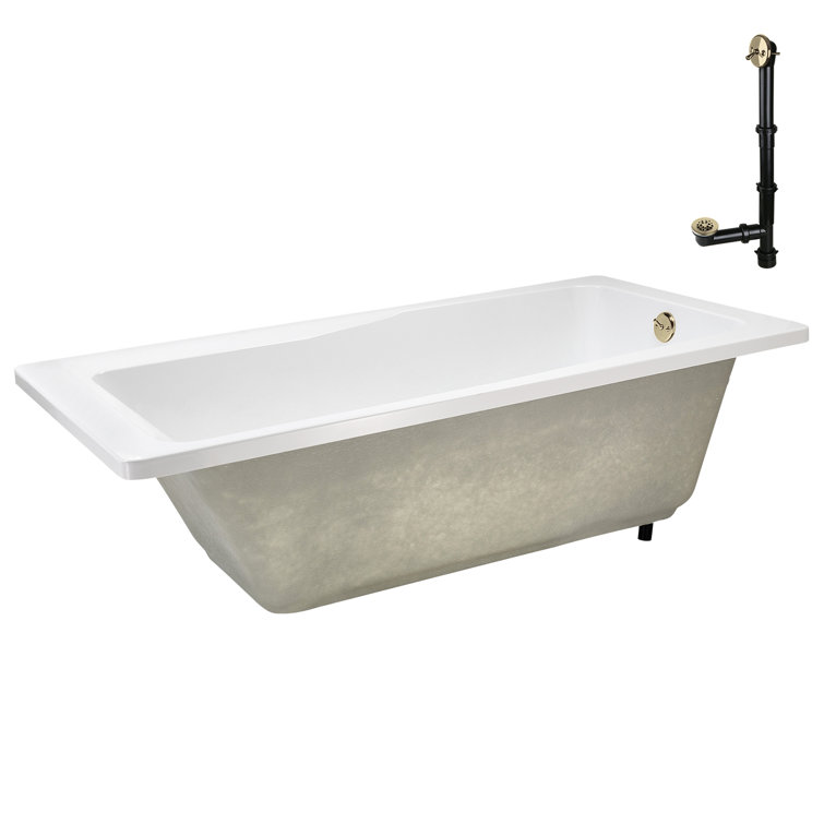 66'' Glossy White Acrylic Soaking Drop-In Bathtub with Polished Brass Drain