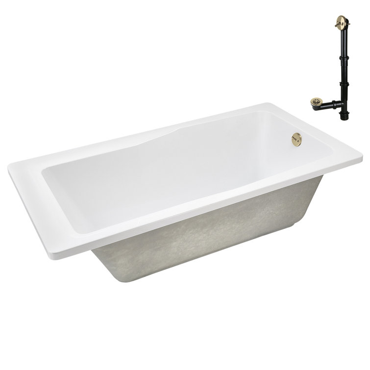 66'' Glossy White Acrylic Soaking Drop-In Bathtub with Polished Brass Drain