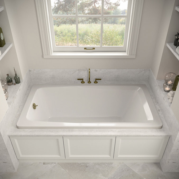 66'' Glossy White Acrylic Soaking Drop-In Bathtub with Polished Brass Drain