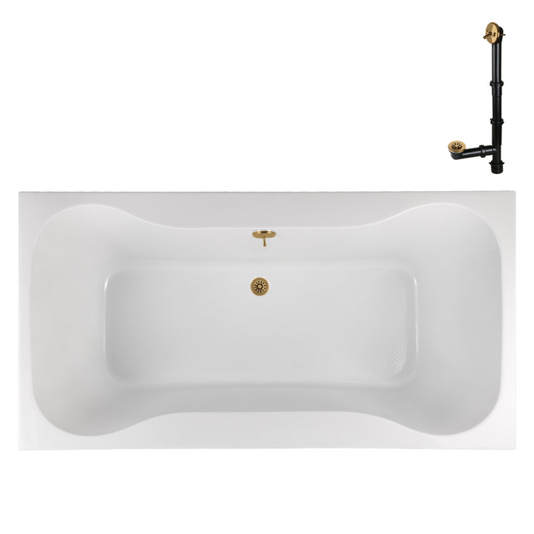 72'' Glossy White Acrylic Soaking Drop-In Bathtub with Brushed Gold Hardware