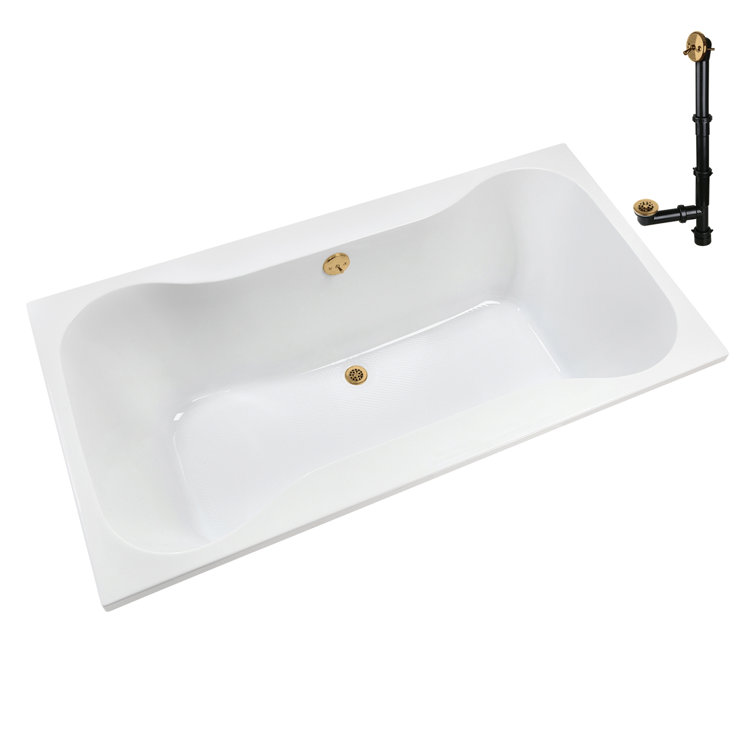 72'' Glossy White Acrylic Soaking Drop-In Bathtub with Brushed Gold Hardware