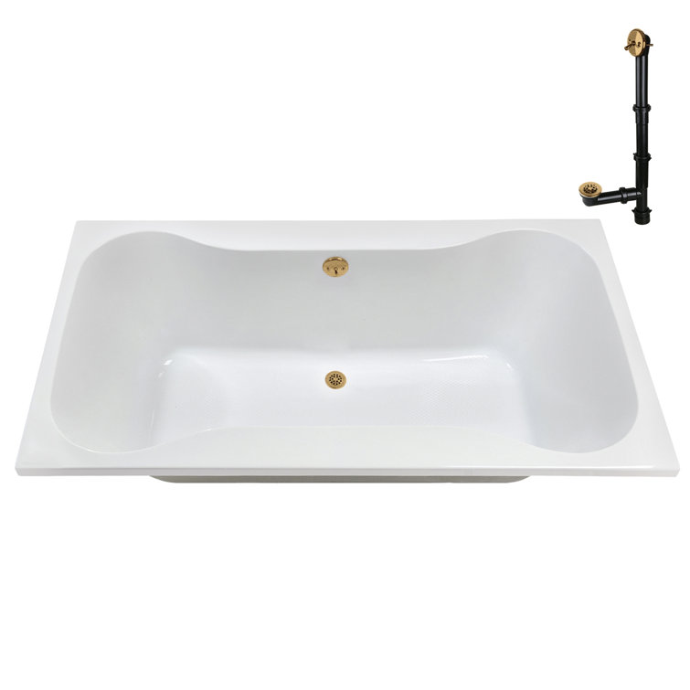 72'' Glossy White Acrylic Soaking Drop-In Bathtub with Brushed Gold Hardware