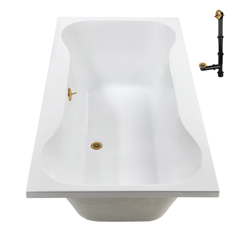 72'' Glossy White Acrylic Soaking Drop-In Bathtub with Brushed Gold Hardware
