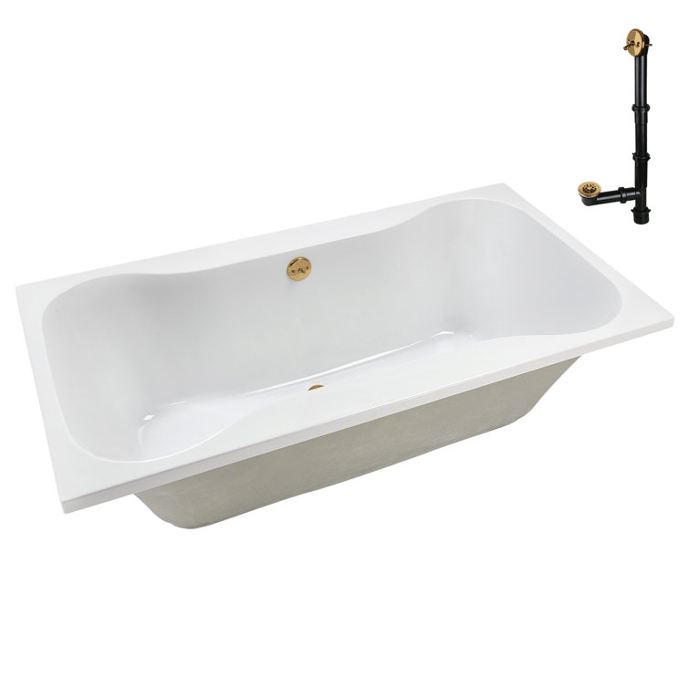 72'' Glossy White Acrylic Soaking Drop-In Bathtub with Brushed Gold Hardware