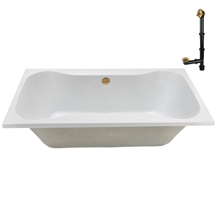 72'' Glossy White Acrylic Soaking Drop-In Bathtub with Brushed Gold Hardware