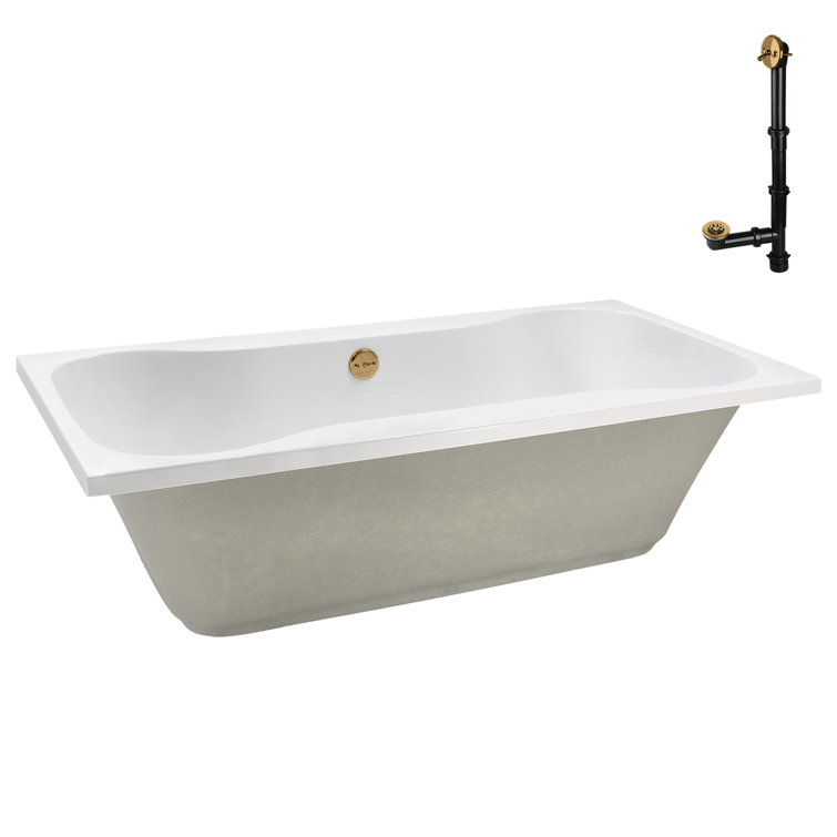 72'' Glossy White Acrylic Soaking Drop-In Bathtub with Brushed Gold Hardware