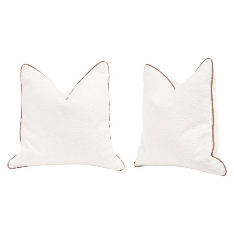 Snow White Boucle Pillow with Whiskey Brown Leather Piping, Set of 2