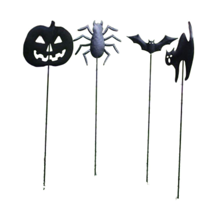 Black Metal Halloween Garden Stake Set with Jack-O-Lantern, Spider, Bat, and Cat