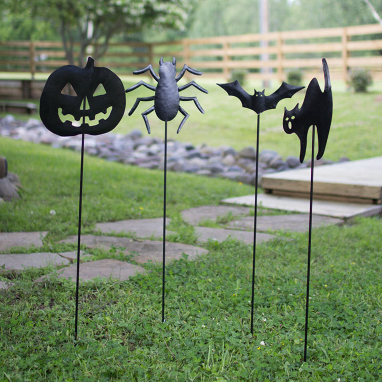 Black Metal Halloween Garden Stake Set with Jack-O-Lantern, Spider, Bat, and Cat