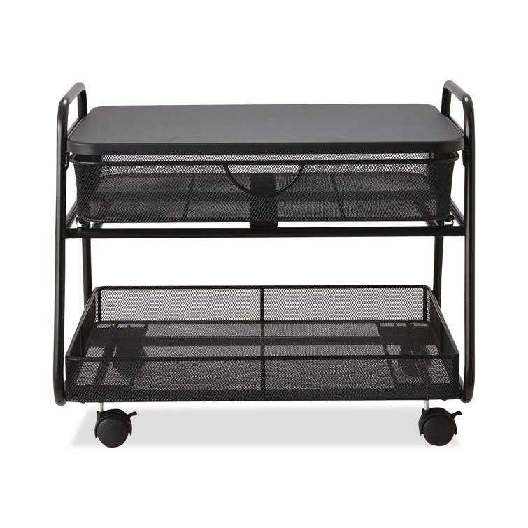 Sleek Black Steel Under-Desk Rolling Stand with Storage Basket & Drawer