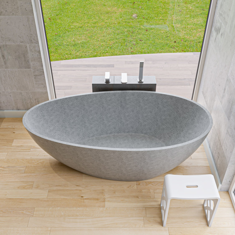 72'' Gray Matte Freestanding Oval Concrete Soaking Bathtub