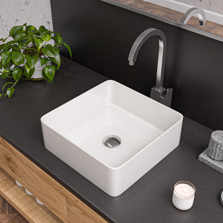 White Square Ceramic Above-Counter Bathroom Sink 15.13"