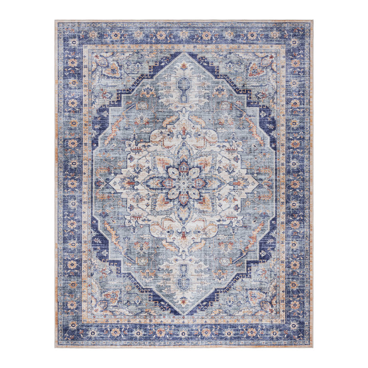 Soha Multi Blue Traditional Medallion Washable Area Rug 6' x 9'