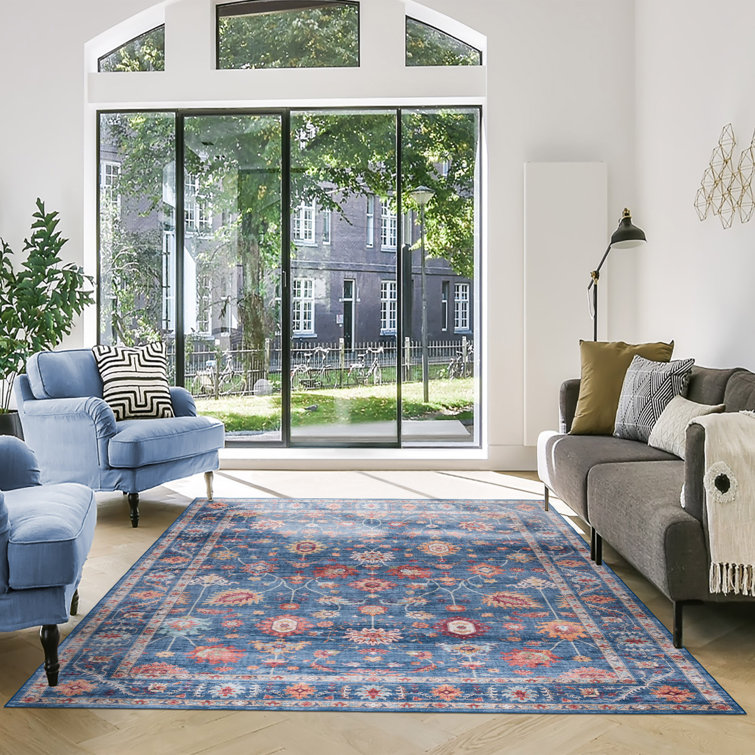 Cullen Blue Floral Border Washable Polyester Area Rug, 5' x 7'