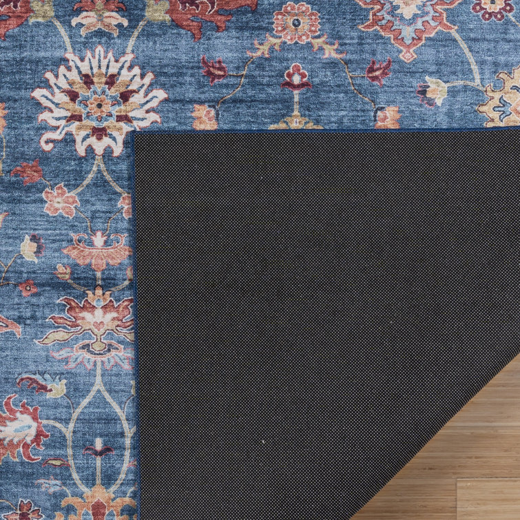 Cullen Blue Floral Border Washable Polyester Area Rug, 5' x 7'