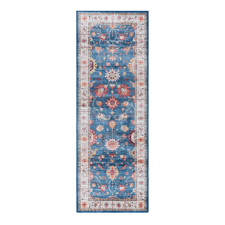 Cullen Blue and Tan Floral Border Washable Area Rug