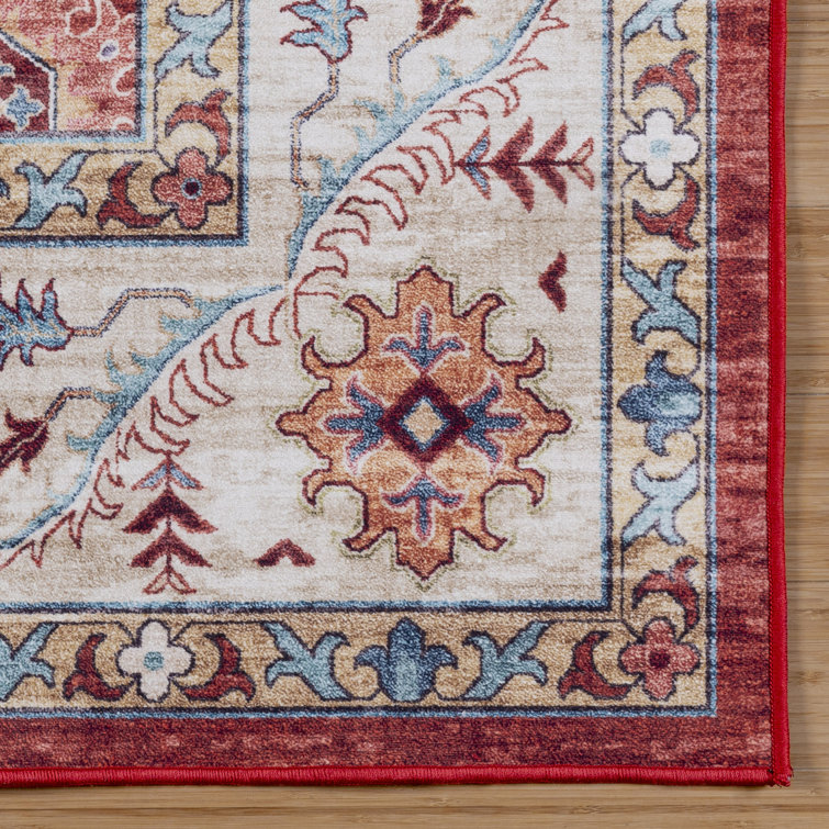 Crystal Print Red and Cream Floral Washable Area Rug