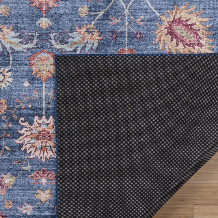 Cullen Blue and Tan Floral Border Washable Area Rug