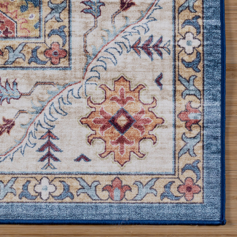 Cullen Blue and Tan Floral Border Washable Area Rug