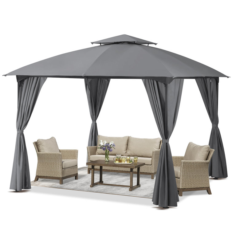 10x10 Gray Steel Patio Gazebo with Privacy Curtains