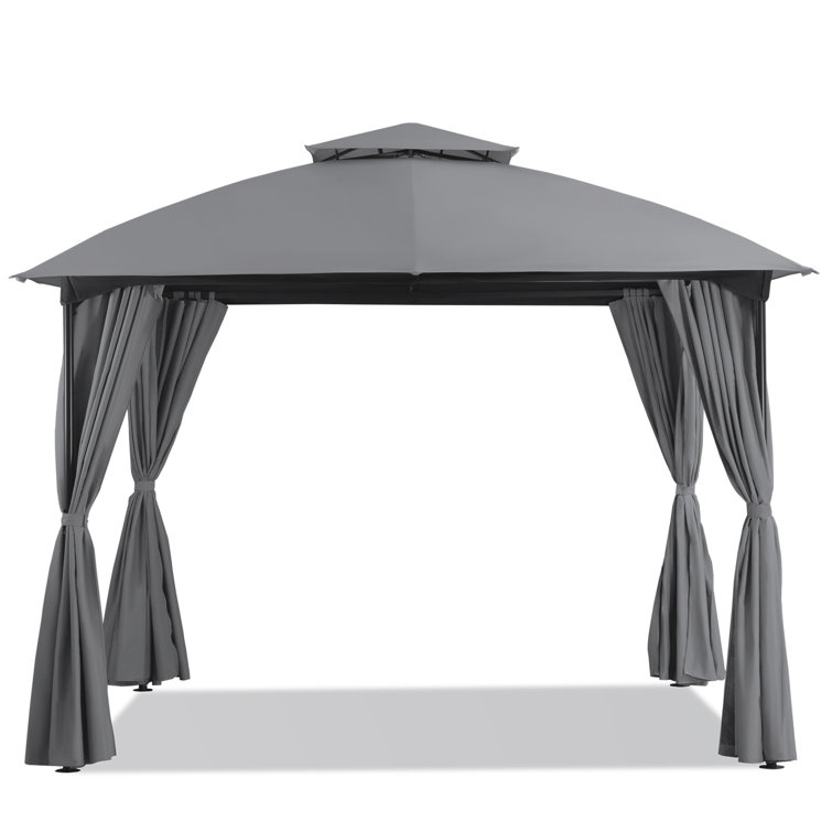10x10 Gray Steel Patio Gazebo with Privacy Curtains
