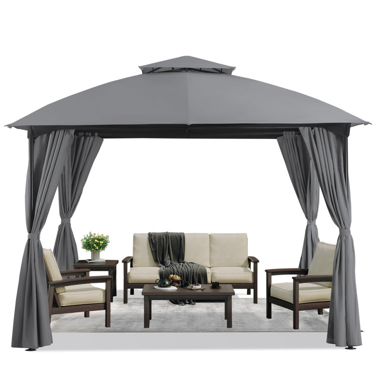 10x10 Gray Steel Patio Gazebo with Privacy Curtains