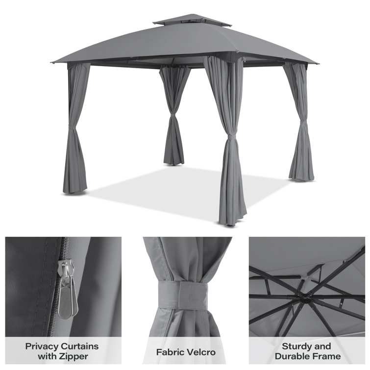 10x10 Gray Steel Patio Gazebo with Privacy Curtains