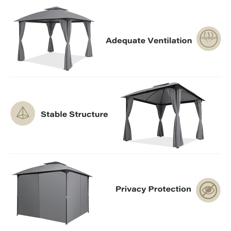 10x10 Gray Steel Patio Gazebo with Privacy Curtains