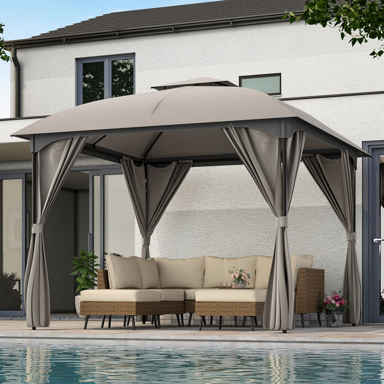 10x10 Gray Steel Patio Gazebo with Privacy Curtains