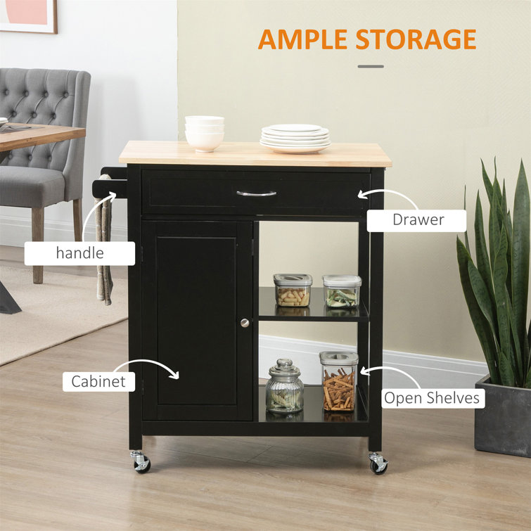 Elegant Black Solid Wood Butcher Block Kitchen Cart with Storage