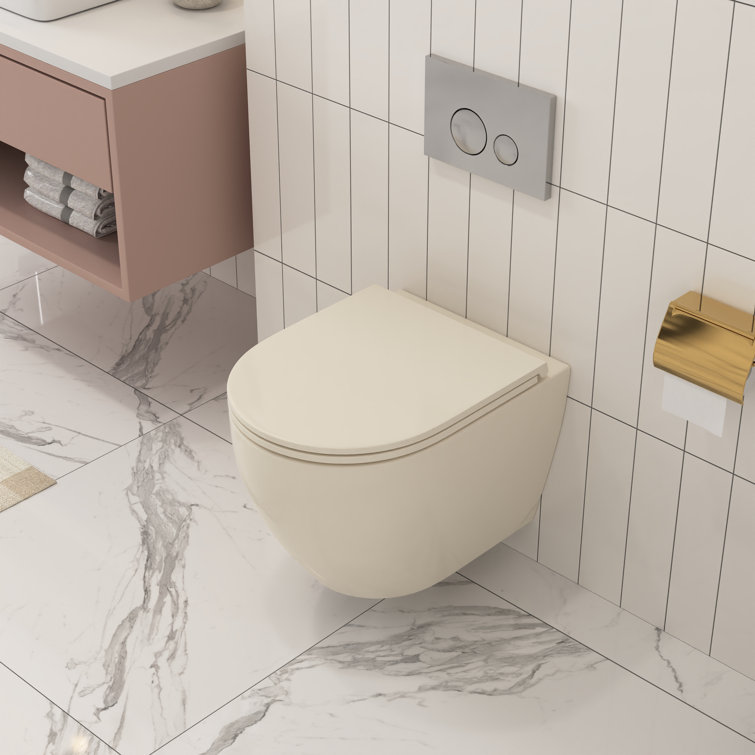 Beige Ceramic Elongated Wall-Mounted Dual Flush Toilet