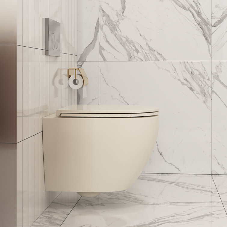 Beige Ceramic Elongated Wall-Mounted Dual Flush Toilet